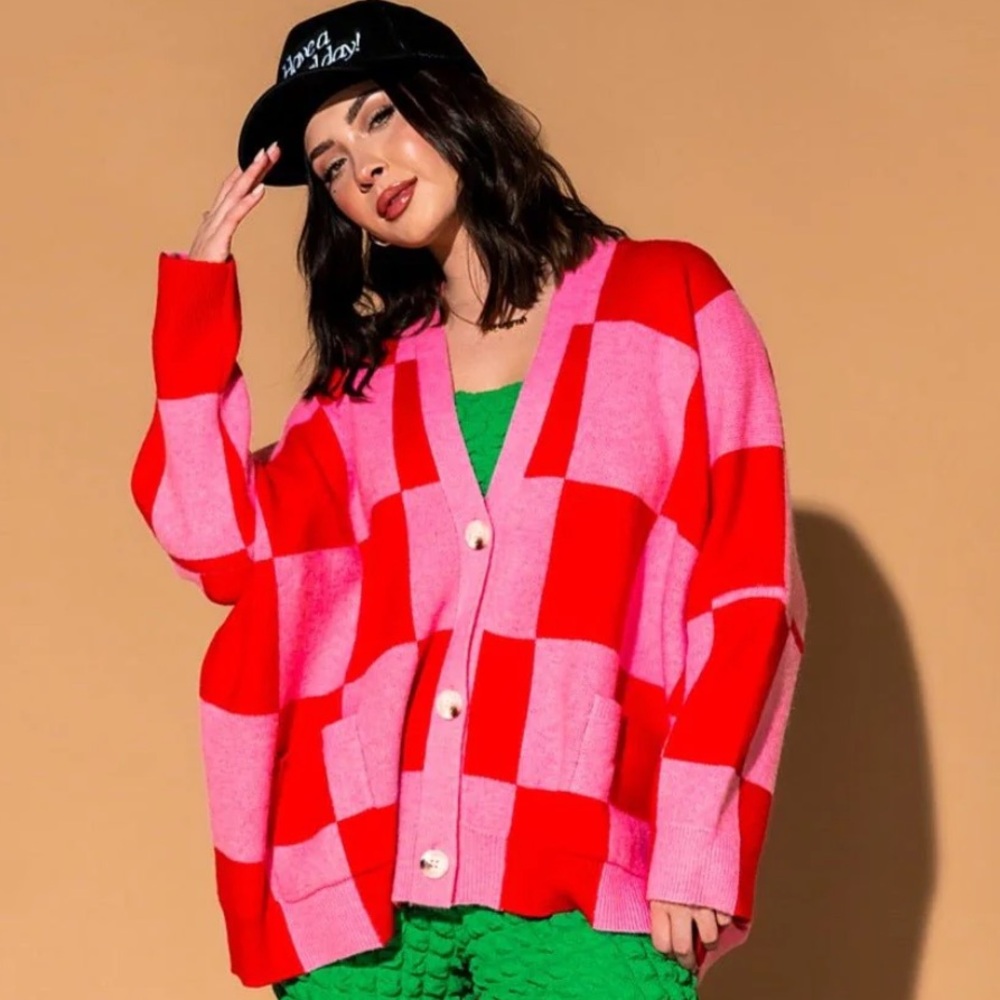 Dressed in LALA Love You Oversized Checkerboard Cardigan in Red + Pink